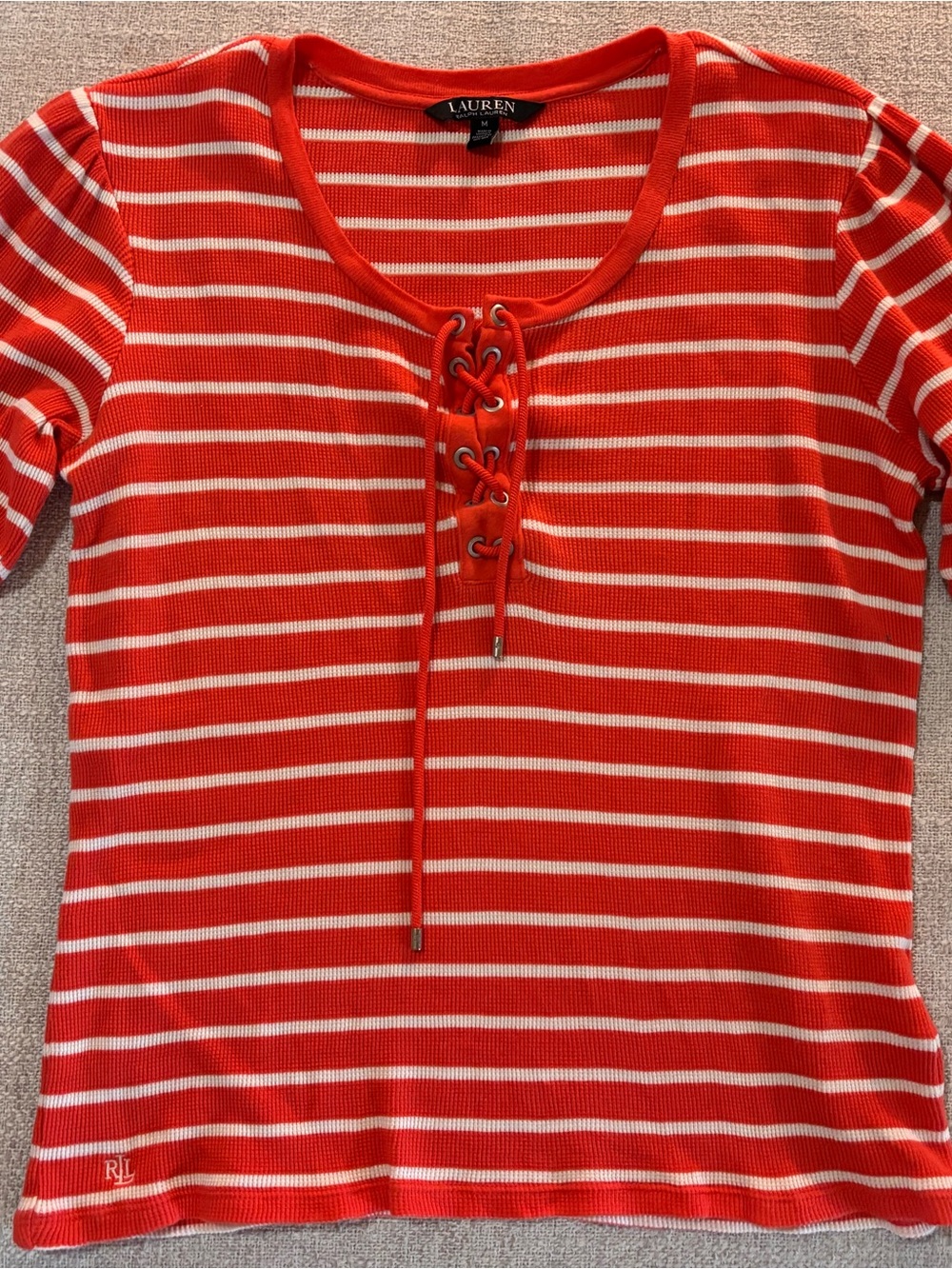 Lauren Ralph Lauren Coral & White Striped Puff Sleeve Lace-Up Knit Top